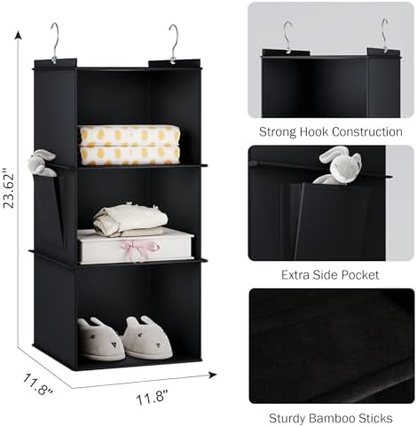 YOUDENOVA Hanging Closet Organizer and Storage for Clothes, 3-Shelf, Black | Locker/RV/Camper Organizer, Side Pocket, Hanging Shelves for Small Closet, Dorm Room Essentials for Guys, Breathable Fabric - Image 3