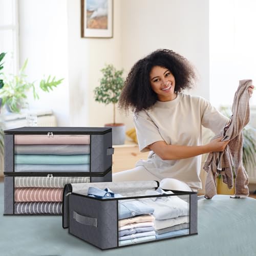 HomeHacks 8-Pack Clothes Organizer Storage Bags, 35L Storage Bins, Gray | Foldable Storage Box Container with Zippers, Clear Window, Reinforced Handles for Closet, Dorm, Pillows, Bedding, Sweater - Image 6