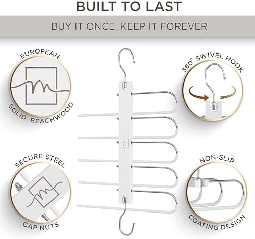 MORALVE Pants Hangers Space Saving - 4 Pack European Beechwood Scarf and Jean Hangers - Closet Organizer and Space Saver Pant Rack, Leggings Hanger, and Scarf Holder with 360° Swivel Hook - Image 2