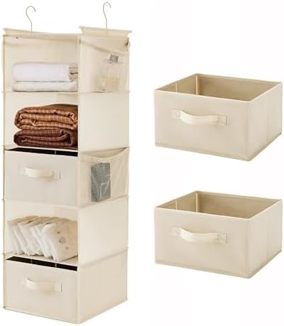 MAX Houser 5 Tier Shelf Hanging Closet Organizer, Cloth Hanging Shelf with 2 Sturdy Hooks for Storage, Foldable (Beige-D2) | Foldable Fabric Hanging Shelves for Closet, Cloth Hanging Shelves with 2 sturdy hanging hooks, Small Space Saver by MAXHouser