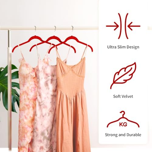 Sishynio Velvet Hangers 50 Pack, Non-Slip Slim Felt Clothes Hangers Red | Space-Saving Closet Organization; Flocked Surface; 360° Swivel Hooks; For Shirts, Coats, Dresses, Blouses - Image 3