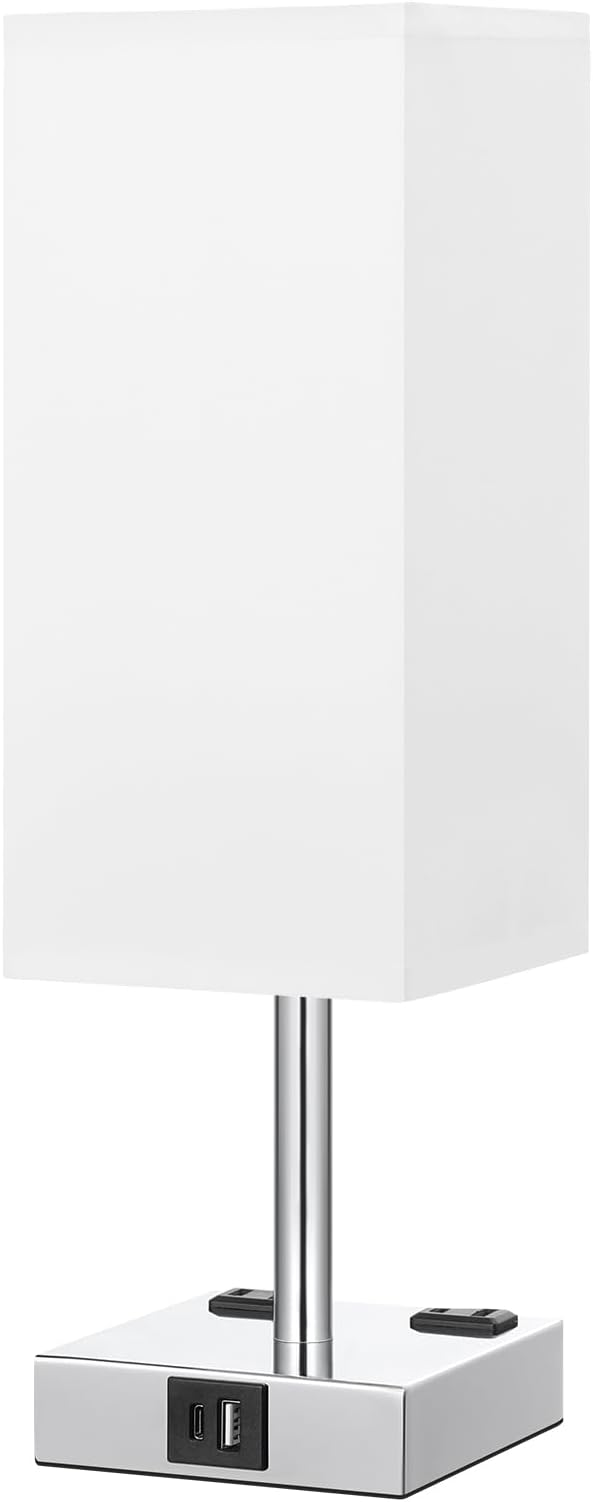 White Touch Table Lamp for Bedroom - Dimmable, USB C+A, 2 AC Outlets | 3-Way Dimming, 3000K Bulb Included, Square White Lampshade and Silver Base, Desk Lamp for Nightstand, Living Room, Dorm - Image 8