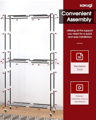 Sakugi Clothes Rack - 33.0" x 12.2" x 79.5" Clothing Rack with Shelves & Wheels, Multi-Functional Wardrobe Closet with Hooks, Sturdy Metal Garment Rack for Bedroom, Laundry, Balcony (Gold) - Image 4