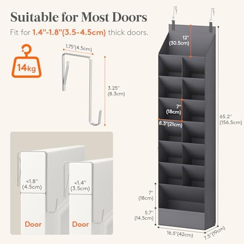 Lifewit 8 Tier Over the Door Shoe Organizer with 15 Large Deep Pockets, Fabric Hanging Shoes Shelf for Closet, Dorm Storage, Fit Up to 16 Pair Shoe Rack Holder for Sneakers, Boots, Gray - Image 2