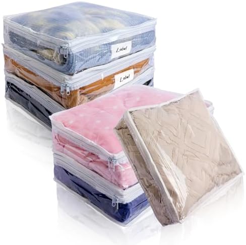 Clear Zippered Plastic Clothes Storage Bags, 6 Pack, White | Clear Storage Bags with Zipper Plastic Storage Bags for Clothes Sweaters Blankets Sheets, Size: 12 x 12 x 4 Inch by Heonay