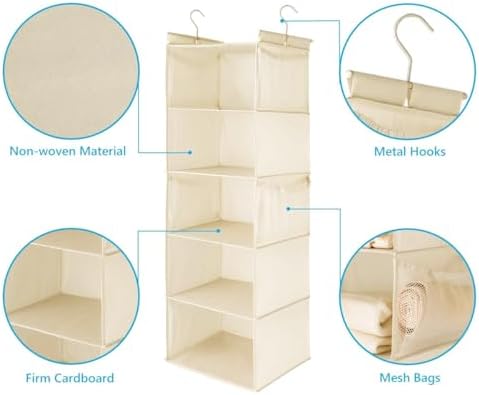 MAX Houser 5 Tier Hanging Closet Organizer with 4 Side Pockets, Beige | Foldable Fabric Hanging Shelves for Closet, Cloth Hanging Shelves with 2 sturdy hanging hooks, Small Space Saver - Image 5
