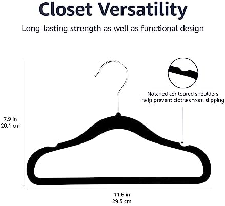 Amazon Basics Kids Space Saving Velvet Non-Slip Clothes Hangers with Shoulder Notches for Infant and Toddler, 11.6", Black, 50 Count (Pack of 4) - Image 5
