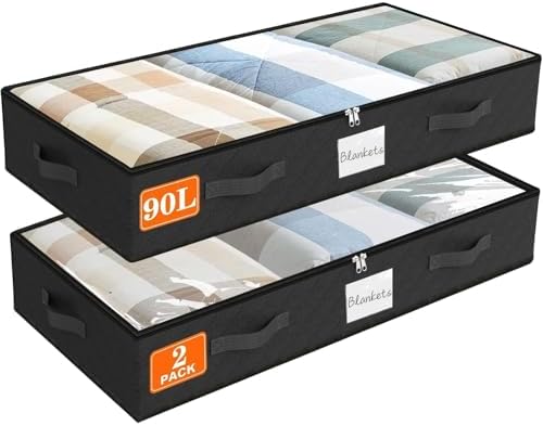 90L Under Bed Storage Containers, Storage Bags, Organizers, 2-Pack, Black | Foldable, Soft Fabric, Closet Organizers, Reinforced Handle, Label Holder, Clear Window, for Comforters, Clothing, Blankets by Unknown