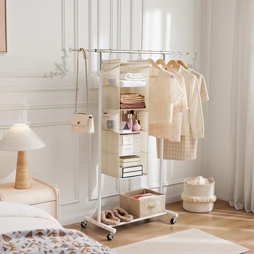 MAX Houser 5 Tier Hanging Closet Organizer with 4 Side Pockets, Beige | Foldable Fabric Hanging Shelves for Closet, Cloth Hanging Shelves with 2 sturdy hanging hooks, Small Space Saver - Image 2