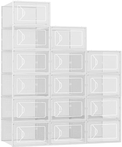Foluck Shoe Storage Box, 15 Pack Clear Plastic Stackable Organizer for Closet, Interlocking Design Shoes Container Bins for Sneakers, Foldable Shoe Rack with Lids, White by Foluck
