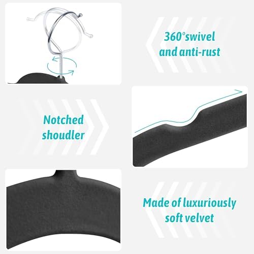 Sishynio Velvet Hangers 30 Pack, Non-Slip Slim Felt Clothes Hangers Black | Space-Saving Closet Organization; Flocked Surface; 360° Swivel Hooks; For Shirts, Coats, Dresses, Blouses - Image 3