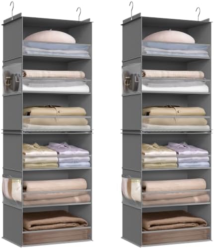 SONGMICS Widened Hanging Closet Organizer, 6-Tier, Separable，2 Pack | Foldable,Fabric Storage Shelf with 4 Side Pockets, Metal Hooks and Bamboo Inserts, Dove Gray, TINA Collection URCH008G01 by Unknown
