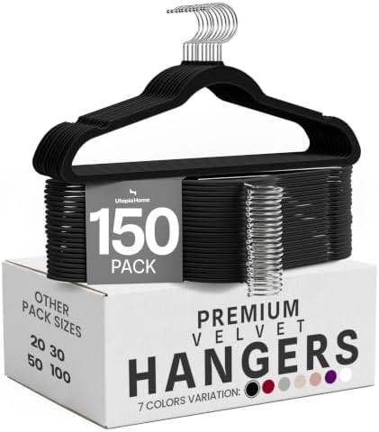 Utopia Home Velvet Hangers, Black, 150 Pack | Luxury Non-Slip Slim Pant & Coat Hangers | Strong Space-Saving Clothes Hangers | 360° Swivel Hook by UTOPIAHOME