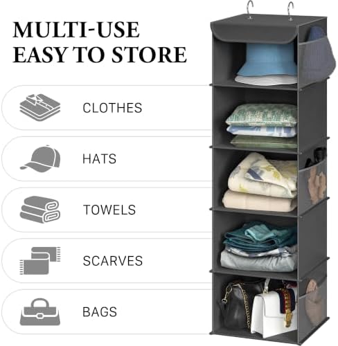 Simple Houseware 5 Shelf Hanging Closet Organizer, Dark Gray | 360° Rotating Dual Hooks, Top Support Metal Frame, 6 Side Mesh Pockets - Image 5
