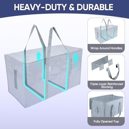 TICONN 2 Pack Extra Large Moving Bags Heavy Duty with Zippers & Carrying Handles, Durable Storage Bags Moving Boxes for Closet Organizers and Storage (2 Pack, Light Grey) - Image 3