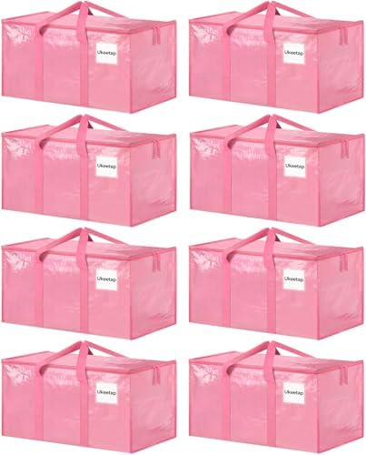 8 Pack Extra Large Clothes Storage Bins with Lids, Moving Bags, Pink | Storage Bags with Reinforced Handles & Heavy-Duty Zippers, Moving Boxes Totes for Clothes Packing, Dorms, College Supplies by ukeetap