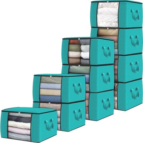 Fab totes 10 Pack Storage Bags for Clothes Blanket Storage Bins with Lids | Foldable Closet Organizers with Zippers,Window and Handles,Fabric Storage Bins for Sweater,Comforter,Bedding,Dorm essentials by Fabtotes
