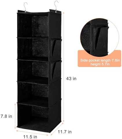 BOOMIBOO Hanging Closet Organize and Shelves,5-Hanging Shelf (Black) | Dorm Room Essentials, Clothes Organizer with 2 Side Pockets, Hanging Shelves for Closet Storage, Breathable Fabric - Image 3