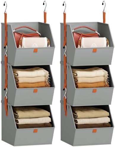 Homsorout Collapsible Hanging Closet Organizer - 6 Tier Closet Shelves Storage System with Hooks, Fabric Hanging Storage Bins for Clothes, Foldable Storage Basket for Laundry, Bedroom, Rv, Grey by Homsorout