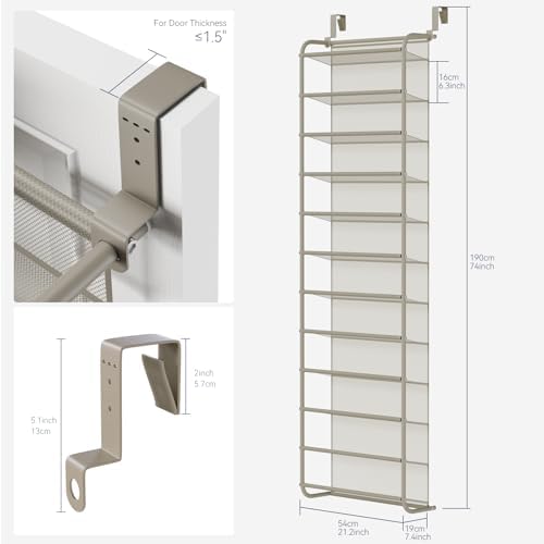 Whitmor 36 Pair Over the Door Shoe Rack,12 Tier Hanging Shoe Organizer with Metal Frame & Mesh Shelves, Heavy Duty Shoe Storage Holder for Door, No Drill Installation, 74" H x 21.7" W x 7.5" D, Mocha - Image 2