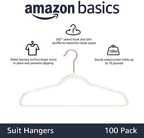 Amazon Basics Slim Velvet Non-Slip Space Saving Suit Clothes Hangers for Closet Organization, Ivory/Rose Gold, 100-Pack - Image 2