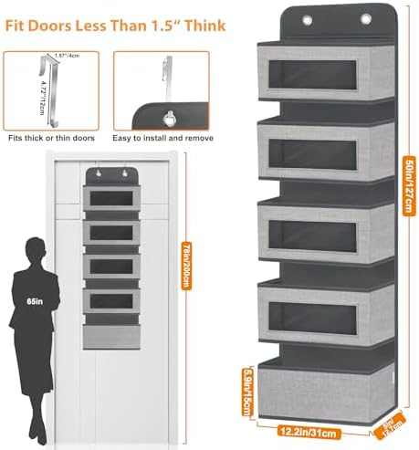 Over The Door Hanging Organizer Storage with 5 Large Pockets,Wall Mount Clear Windows and 2 Widened Metal Hooks for Pantry,Nursery,Diapers,Bathroom,Kitchen,Closet,Dorm - Image 3