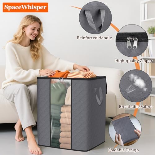 SpaceWhisper 4 Pack 100L Clothes Storage, Foldable Storage Bags, Grey | Thick Fabric, Clear Window, with Reinforced Handle, for Clothing, Blanket, Comforters, Bedding Organizing - Image 3