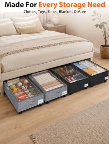punemi 10 inch Tall 75L Under Bed Storage Bins with Wheels, 2-Pack, Gray | 5-Wheel Rolling Organizers with Clear Lids, for Clothes, Shoes and Blankets, Underbed, Closet & Dorm Organizataion - Image 5