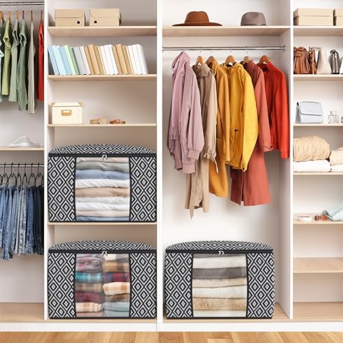 100L 4 Pack Storage Bags, Foldable Clothes Bins with Clear Window, Black | Blanket Storage Containers with Reinforced Handles for Bedding, Comforters, Clothing, Quilts and Closet Organization - Image 6