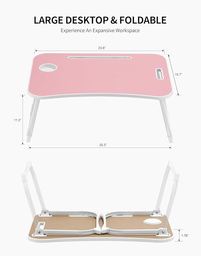 ZEAPTAC Laptop Bed Desk, Foldable Lap Desk, Portable Lap Table, Laptop Stand with Cup Holder, Tablet Slot & Lifting Handle for Work, Write, Draw & Eat on Bed, Sofa or Couch - Rose Pink - Image 2