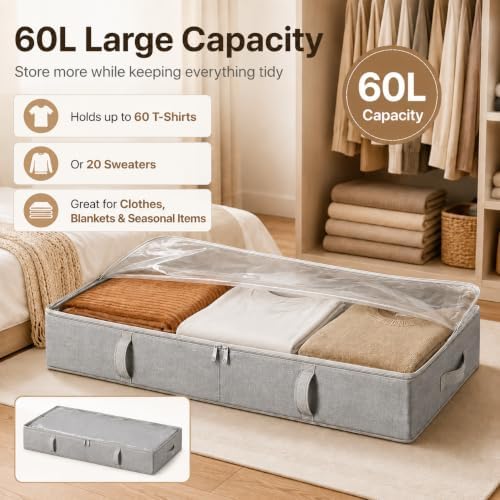 Side-Supported Under Bed Storage Containers, 8 Inch 80L Clothes Storage Bin | Underbed Storage Bin with Sturdy Handles and Sidewalls, Closet Organizer for Clothes, Blankets, Seasonal Items, Gray, 2 Pack - Image 2