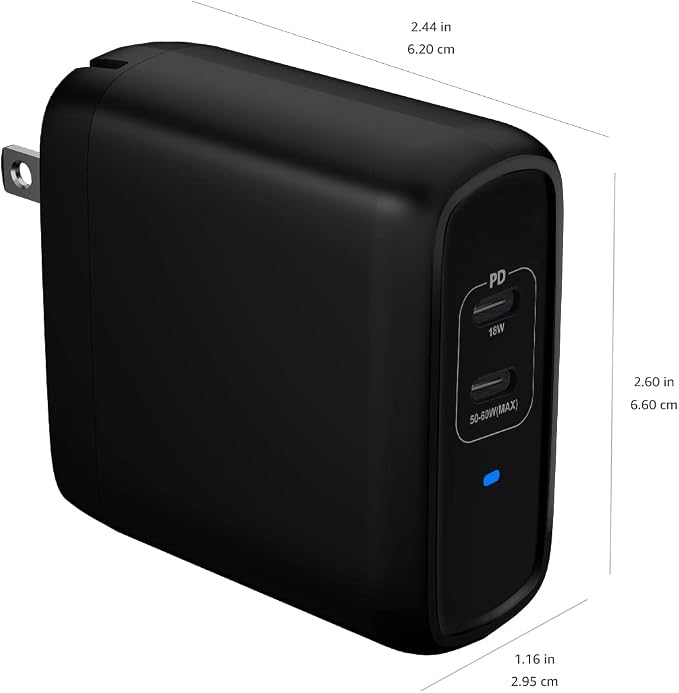 Amazon Basics 68W Two-Port GaN Wall Charger with 2 USB-C Ports (60W, 18W) with PD for Laptops, Tablets & Phones (iPhone 16/15/14/13/12/11/X, iPad, MacPro, Samsung, More), Non-PPS, Black - Image 6