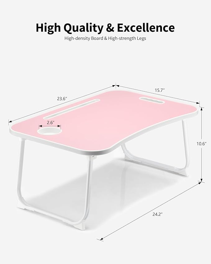 Foldable Lap Desk, Laptop Bed Desk, Portable Lap Table, Laptop Bed Table with Cup Holder & Tablet Slot & Lifting Handle for Working Writing Drawing & Eating - Pink - Image 4