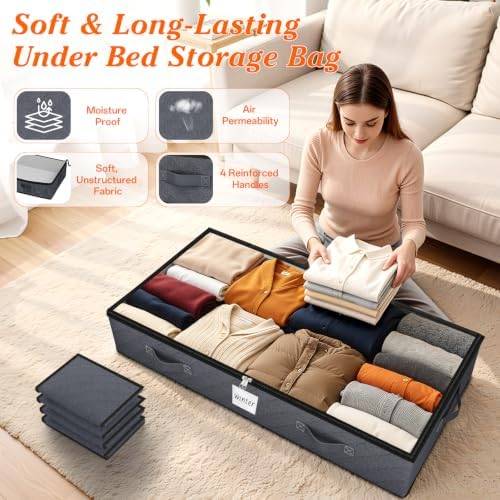 90L Under Bed Storage Containers, Storage Bags, Organizers, 4-Pack, Gray | Foldable, Soft Fabric, Closet Organizers, Reinforced Handle, Label Holder, Clear Window, for Comforters, Clothing, Blankets - Image 3