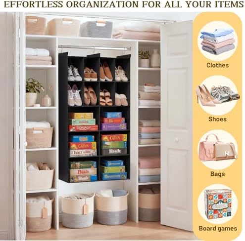 5 Tier Hanging Closet Organizer, 14 Compartments Dual Row Storage, Black | Closet Organizers and Storage with Large & Small Pockets, 3 Sturdy Hooks Support Heavy Loads, Ideal for Dorm, Garment Rack - Image 6
