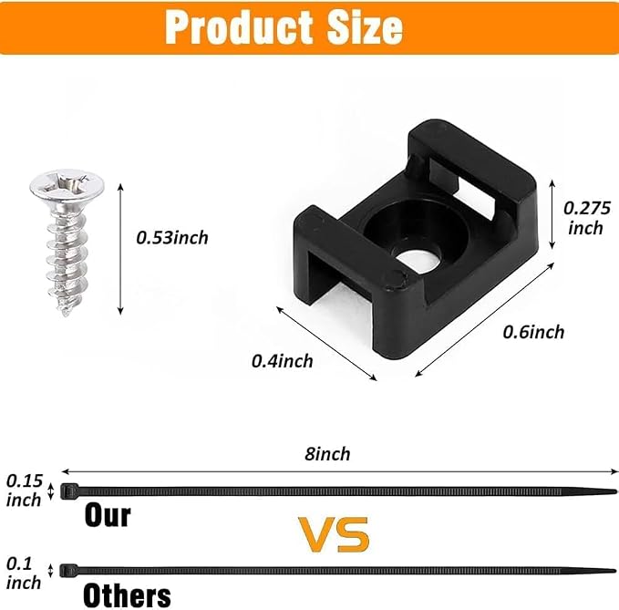 Black Cable Zip Tie Mounts Kit-100 Pcs Cable Zip Tie Saddle Type Mounts Base with 100 Pcs 8" Cable Ties and 100 Pcs Tapping Screw, Wire Cable Clips Organizer Holders Clamps - Image 2