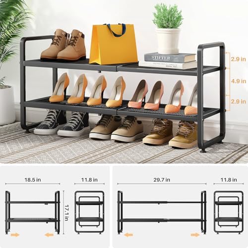 Expandable Metal Shoe Rack for Closet, Entryway & Garage, 2-Tier, Black | Adjustable Height for Boots, Stackable Design, Dense Mesh Shelves for Heels, Fits Small Spaces, Apartments and Rentals - Image 3