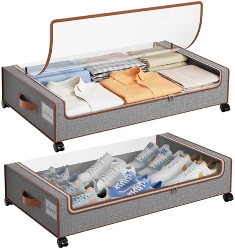 Yecaye 60L Under Bed Storage with Wheels, 2 Pack, Greige | 360° Rolling Wheels, Clear Lids & Label, Reinforced Handle, Rolling Metal Drawers for Clothes, Blankets, Shoes in Bedroom by Yecaye