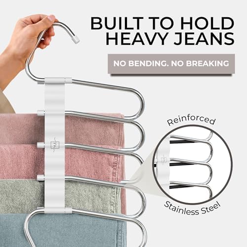 MORALVE Pants Hangers Space Saving - 4 Pack - Non-Slip Multi-Layer Space Saving Hangers - Multifunctional Clothing Rack for Closet Storage - Ideal for Jeans, Trousers, Skirts, Scarves & Slacks (White) - Image 4