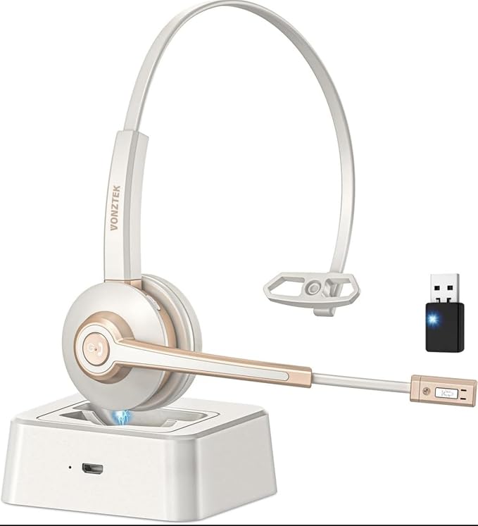 Bluetooth Headset with Microphon USB Dongle for Office | Wireless Headset with Mic with AI Noise Canceling, Charging Base, Mute Function V5.2 for Computer/Phone/Work/Skype by Vonztek-US
