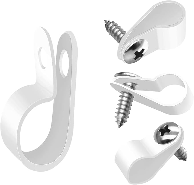 mankk 100PCS 1/4 Inch Rope Light Clips P-Style Mounting Clips Plastic Cable Clamps with Compatible Stainless Steel Pan Head Phillips Screws for Wire Management M-034-W-LS by mankk