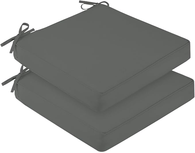 downluxe Outdoor Chair Cushions for Patio Furniture, Waterproof Square Corner Memory Foam Patio Chair Cushion with Adjustable Ties and Portable Handle, 19" x 19" x 3", Dark Grey, 2 Pack by Downluxe