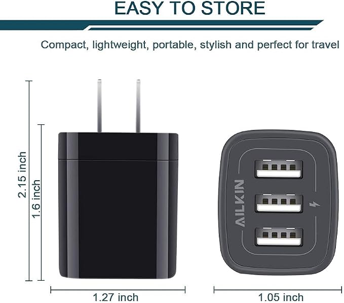 Wall Charger Plug, USB Charger Cube, AILKIN 3.1A 3-Muti Port USB Adapter | Power Plug Charging Station Box Black Base for iPhone 17 16 15 14 13 12 11 Pro Max/SE, Samsung Galaxy Phones Charge Block - Image 3
