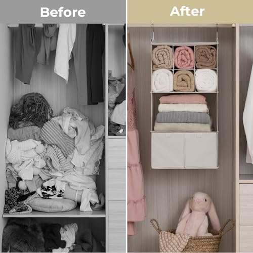 GRANNY SAYS 4-Shelf Hanging Closet Organizer with Drawer, Foldable Storage | Dividers Closet Hanging Organizer, No-Sag Support, Keeps Clothes Neat, Folds Flat, Fits RV, Dorm & Small Closets, Beige - Image 7