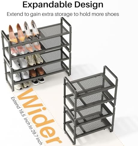 SNTD Expandable Metal Shoe Rack for Closet, Entryway & Garage, 4-Tier, Grey | Adjustable Height for Boots, Stackable Design, Dense Mesh Shelves for Heels, Fits Small Spaces, Apartments and Rentals - Image 4