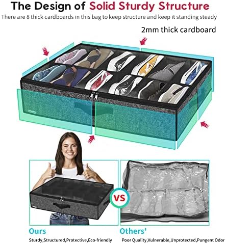 Onlyeasy Under Bed Shoe Storage Organizer with Sturdy Handles and Clear Window 1 Pack Fits 12 Pairs, Premium Foldable Underbed Shoes Container Box for Closet, Linen-like Black, MXAUBSB1P - Image 4