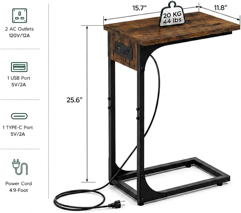 TEMI C Shaped End Table for Couch with Charging Station, Small Side Table TV Tray for Eating or Laptop, Accent Desk for Sofa or Chair, Space Saving Living Room Bedroom, Rustic Brown - Image 2