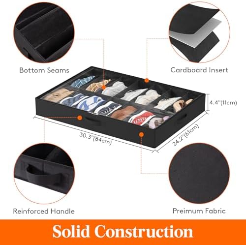 Lifewit Under Bed Shoe Storage Organizer 2 Pack(14 Shoes Cells), 4.3 Inches Profile Fabric Shoes Container Box with Clear Cover, Foldable Storage Bag with 2 Handles, Fits 14 to 28 Pairs - Image 3