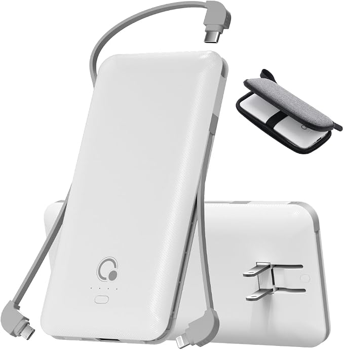 Portable Charger with Built-in Cables and AC Wall Plug, USB C External Battery Pack, 10000mAh Travel Essentials Power Bank Compatible with iPhone17/16/15/14/13, Samsung Galaxy, Pixel,Tablet and More by Unknown