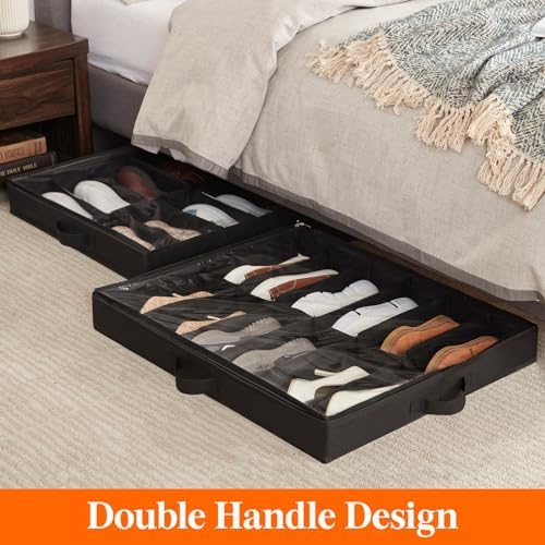 Lifewit Under Bed Shoe Storage Organizer 1 Pack(12 Shoes Cells), 4.3 Inches Profile Fabric Shoes Container Box with Clear Cover, Foldable Storage Bag with 2 Handles, Fits 6 to 12 Pairs - Image 5
